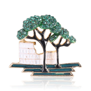 Green Enamel Tree And Park Bench Architectural Brooch