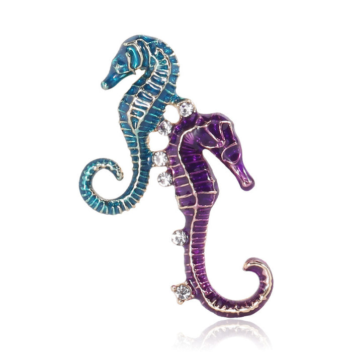 Enamel Seahorse Pair Brooch With Two Curved Seahorses With Crystal-Lined Enamel Bodies