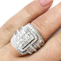 Rectangular Multi-Row Clear Stone Ring Set In Silver Tone view 2
