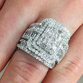 Rectangular Multi-Row Clear Stone Ring Set In Silver Tone view 1