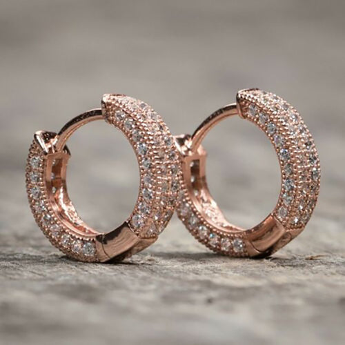 Wide Pavé Huggie Hoop Earrings in Three Metal Tones shown in alternate angle