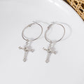 Silver Tone Clear Look Cross Large Round Hoop Earrings view 4