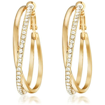 Crystal Double Loop Statement Hoop Earrings With Clear Stone Accents