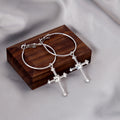 Silver Tone Clear Look Cross Large Round Hoop Earrings view 3