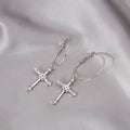 Silver Tone Clear Look Cross Large Round Hoop Earrings view 1