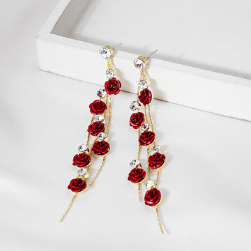 Purple Rose and Clear Accent Gold Tone Long Earrings