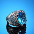Aqua Oval Stone Textured Wide Signet Ring In Two Tones view 4