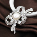 Black Silver Tone Pearl Crystal Ribbon Knot Crystal Pearl Look Metal Brooch Pin view 2