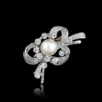 Black Silver Tone Pearl Crystal Ribbon Knot Crystal Pearl Look Metal Brooch Pin
