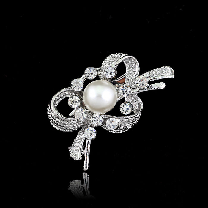 Black Silver Tone Pearl Crystal Ribbon Knot Crystal Pearl Look Metal Brooch Pin