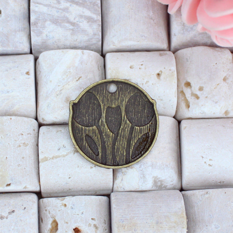 25mm Alloy Tulip Round Charm Pendant Antique Style