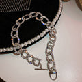 Silver Rhinestone Pave Large Oval Link Chain Choker Necklace view 4
