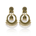 Ornate Hoop Bell and White Bead Fringe Statement Earrings view 1