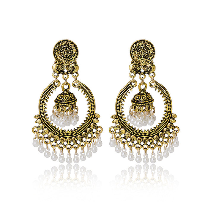 Ornate Hoop Bell and White Bead Fringe Statement Earrings