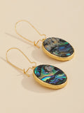 Gold Tone Oval Abalone Shell Long Hook Earrings with Textured Bezels view 4