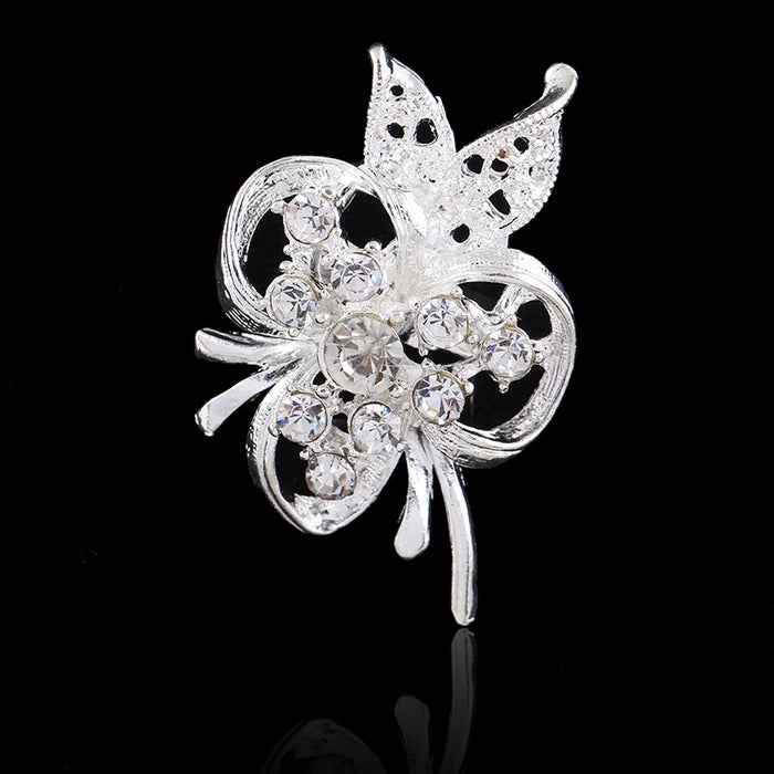 Black Silver Tone Butterfly Openwork Crystal Metal Brooch Pin