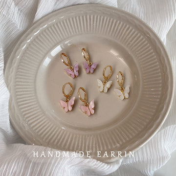 Gold Huggie Hoop Earrings Pink White Butterfly Charms