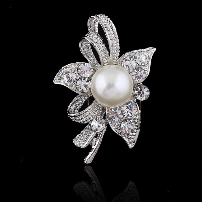 Black Silver Tone Pearl Crystal Ribbon Flower Crystal Pearl Look Metal Brooch Pin