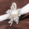 Black Silver Tone Pearl Crystal Ribbon Flower Crystal Pearl Look Metal Brooch Pin view 2