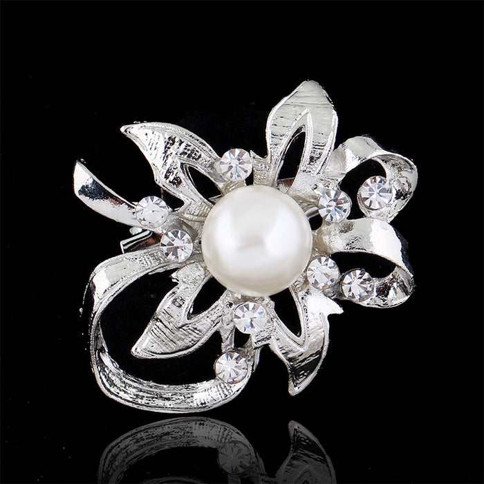 Black Silver Tone Pearl Crystal Lily Loop Crystal Pearl Look Metal Brooch Pin