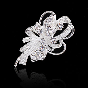 Black Silver Tone Crystal Ribbon Bouquet Crystal Pearl Look Metal Brooch Pin