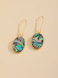 Gold Tone Oval Abalone Shell Long Hook Earrings with Textured Bezels view 2