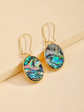 Gold Tone Oval Abalone Shell Long Hook Earrings with Textured Bezels view 3