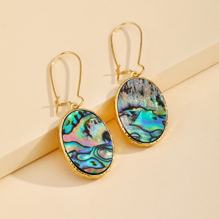 Gold Tone Oval Abalone Shell Long Hook Earrings with Textured Bezels