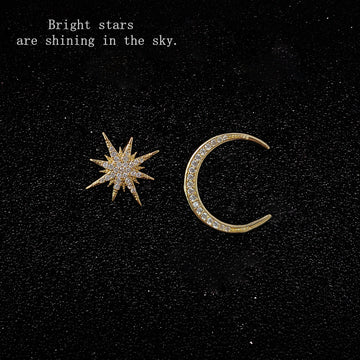 Gold Asymmetric Star And Moon Pavé Stud Earrings Pair