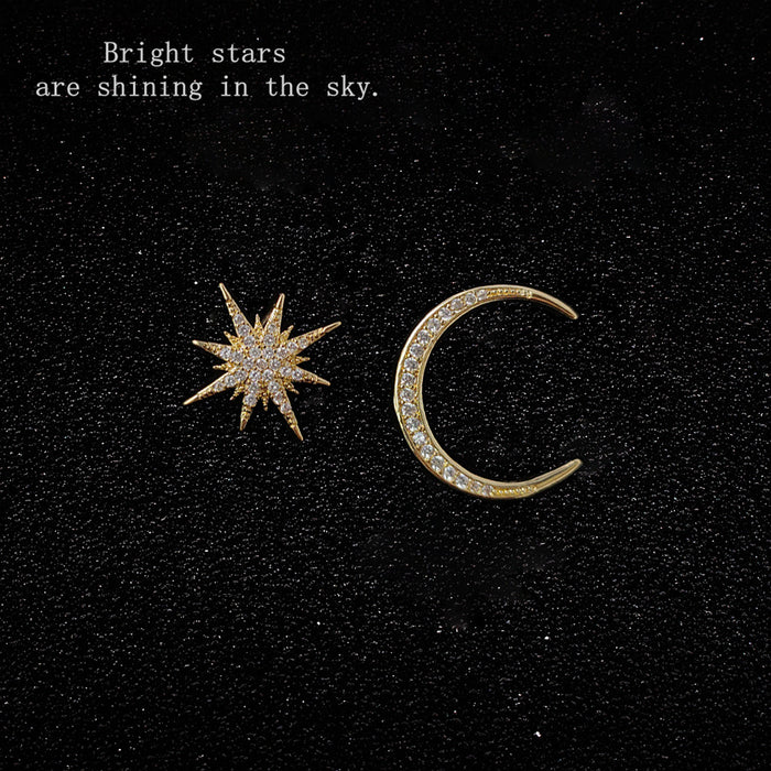 Gold Asymmetric Star And Moon Pavé Stud Earrings Pair