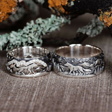 Silver Wolf Mountain Night Band Rings Men Women Sizes