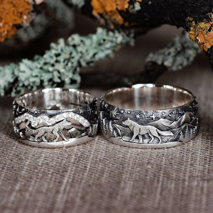 Silver Wolf Mountain Night Band Rings Men Women Sizes