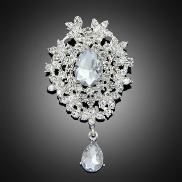 Black Silver Tone Teardrop Crystal Floral Dangle Crystal Metal Brooch Pin