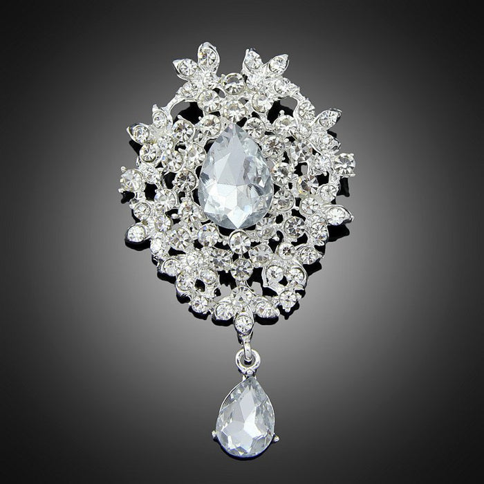 Black Silver Tone Teardrop Crystal Floral Dangle Crystal Metal Brooch Pin