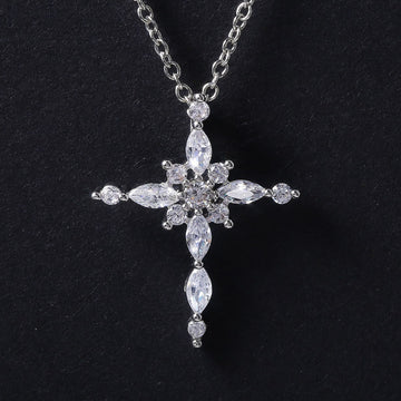 Clear Crystal Cross Pendant Necklace in Silver Tone