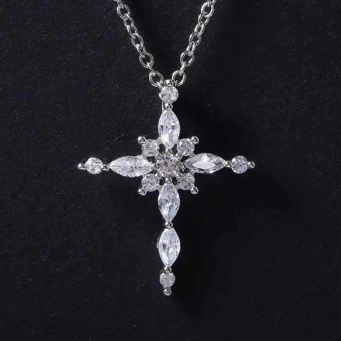 Clear Crystal Cross Pendant Necklace in Silver Tone