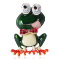 Green Enamel Frog Brooch With Oversized Eyes and Red Bow Tie view 1