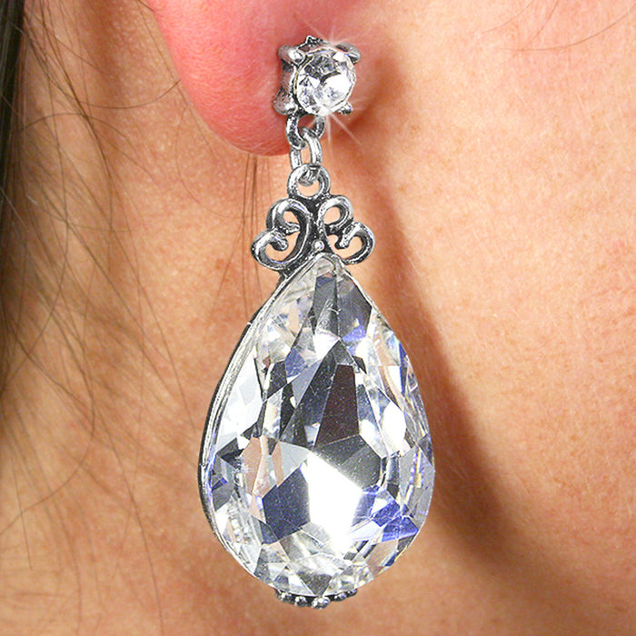 Clear Teardrop Crystal Dangle Earrings in Silver Tone