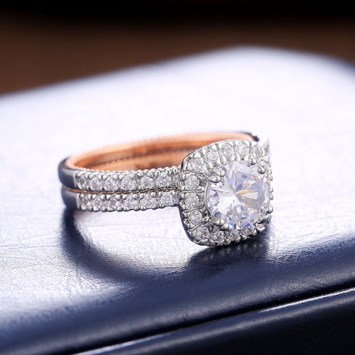 Rose Gold and Silver Tone Round Halo Two Piece Ring Set shown in alternate angle