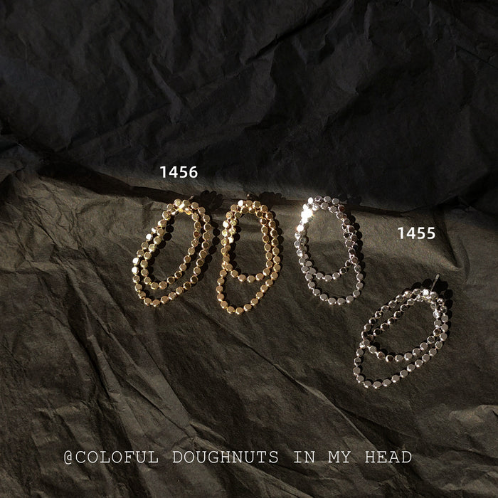 Double Loop Disc Chain Stud Earrings Silver Gold Tones