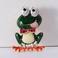 Green Enamel Frog Brooch With Oversized Eyes and Red Bow Tie view 6