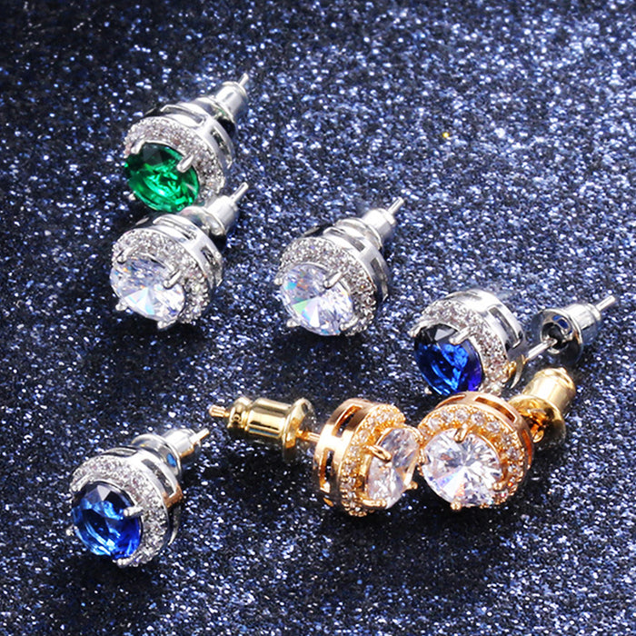 Round Solitaire Halo Stud Earrings In Seven Stone Colors