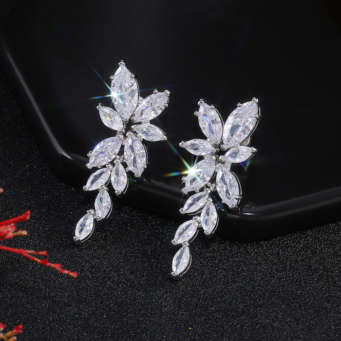 White Gold Tone Marquise Leaf Cascade Dangle Earrings