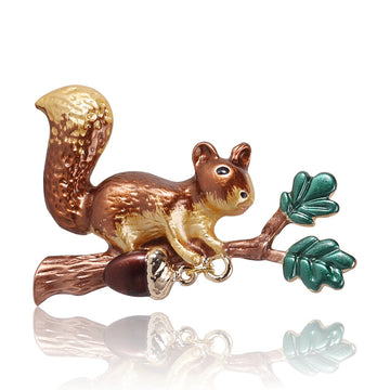 Squirrel on Branch Brooch Acorn Drop Enamel Pin Brown Grey