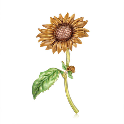 Front product view of the sunflower brooch pin in gold and green