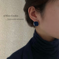 Navy Blue Cushion Square Gold Rim Drop Hook Earrings view 2