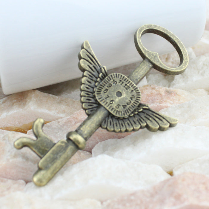 74x44mm Vintage Clock Wing Key Alloy Charm Pendant