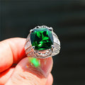Oversized Green Cushion Stone Baguette-Side Ring In Silver Tone view 2