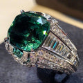 Oversized Green Cushion Stone Baguette-Side Ring In Silver Tone view 1