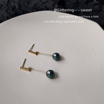 Gold Bar Stud Earrings Black Iridescent Pearl Long Drops